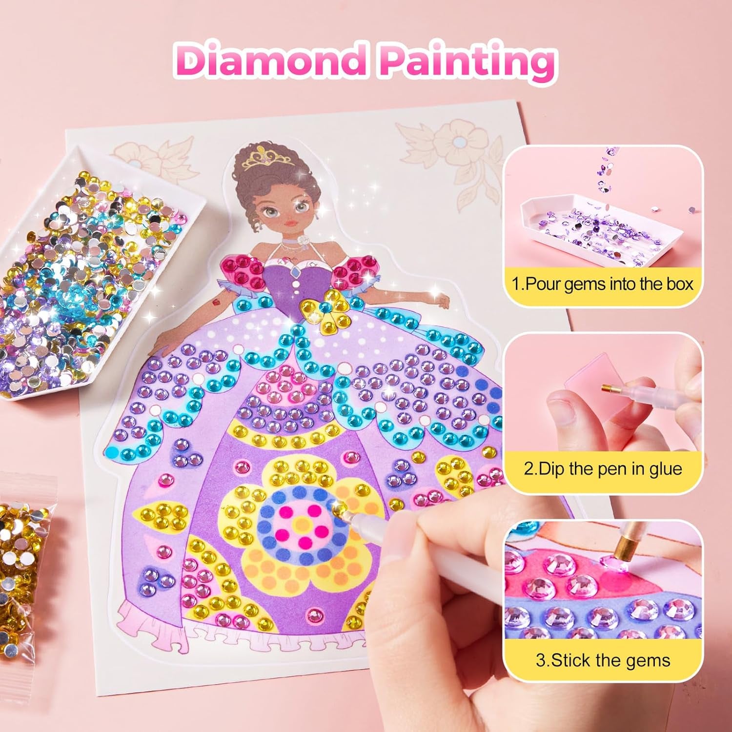 4 in 1 Princess Art Craft Kits, Foil Crafts Art Fun & Gem Painting, Makeup Diamond DIY Activity, Dress up Sticker Books,Travel Toys, Ideal Toys for Girls Ages 6 7 8+ Years Old